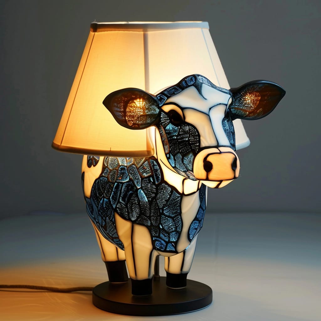 Håndlaget Highland-ku Bordlampe i Farget Glass – Unik Kunstnerisk Hjemmedekorasjon og Gave