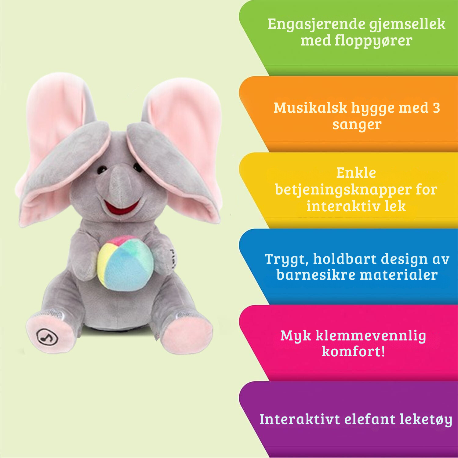 PeekPal Plysj Elefant – Interaktivt musikalsk leketøy