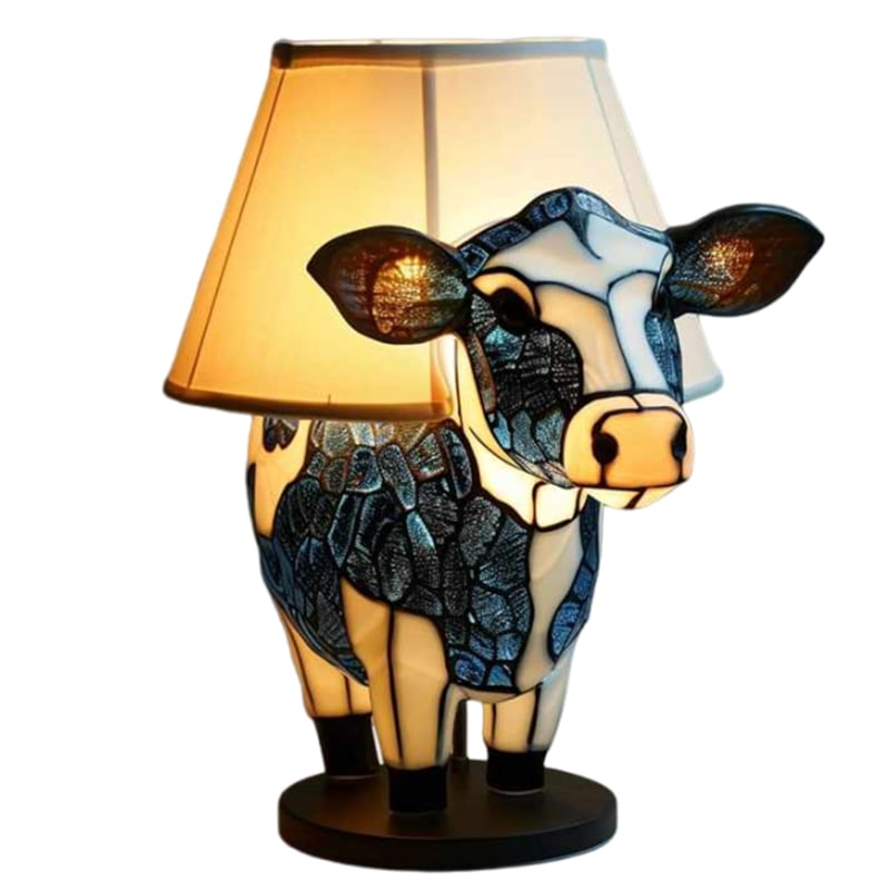 Håndlaget Highland-ku Bordlampe i Farget Glass – Unik Kunstnerisk Hjemmedekorasjon og Gave
