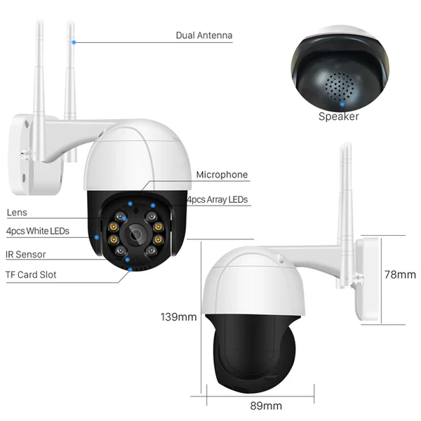 Utendørs IP-kamera | Full HD 1080P | Pan/Tilt | Nattsyn | Bevegelsesdeteksjon | Vanntett (IP66) | WiFi & LAN | SecuFirst App