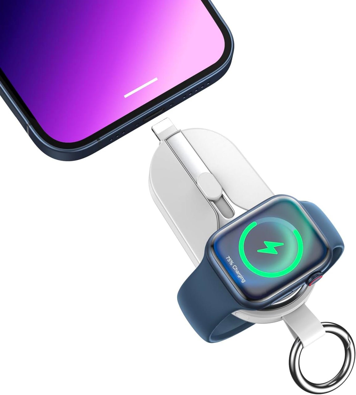KeyPact Duo 2-i-1 Mini Powerbank med Klokkelader – 2000mAh, Type-C & Lightning, Robust med Karabinkrok