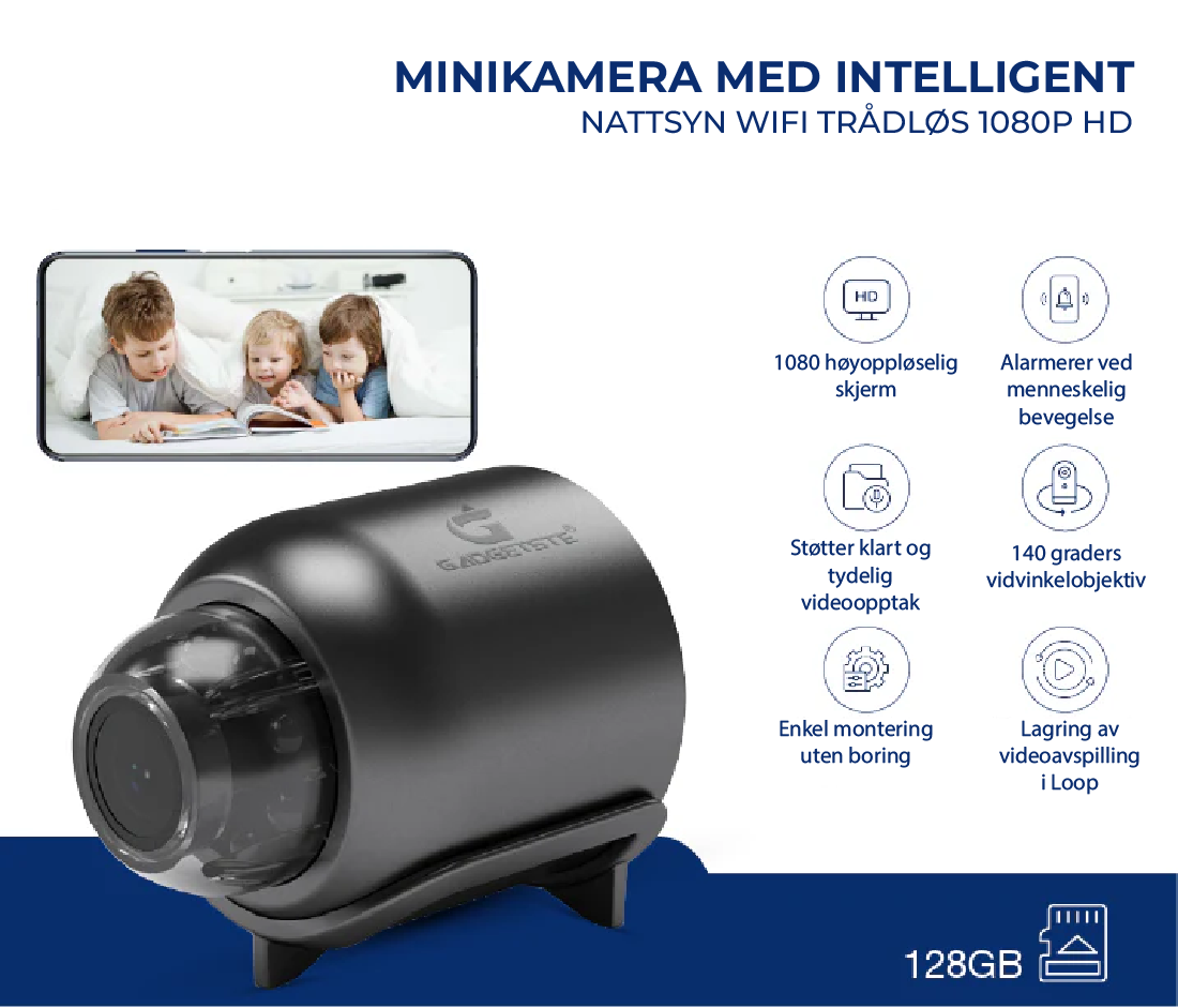 X5 Mini WiFi sikkerhetskamera - 1080P, nattsyn, bevegelsesdeteksjon