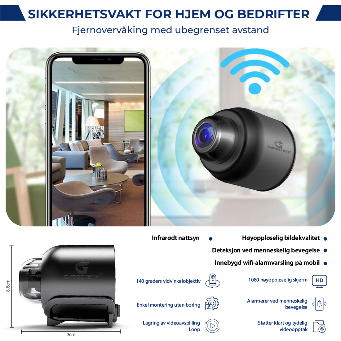 X5 Mini WiFi sikkerhetskamera - 1080P, nattsyn, bevegelsesdeteksjon
