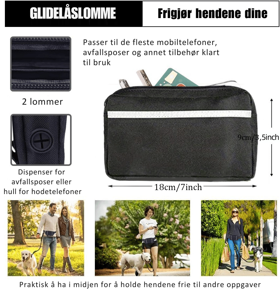 DoggoBelt™ | Handsfree hundebånd med glidelåslomme