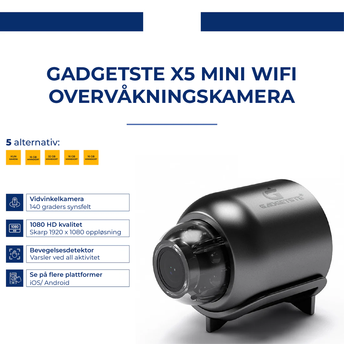 X5 Mini WiFi sikkerhetskamera - 1080P, nattsyn, bevegelsesdeteksjon