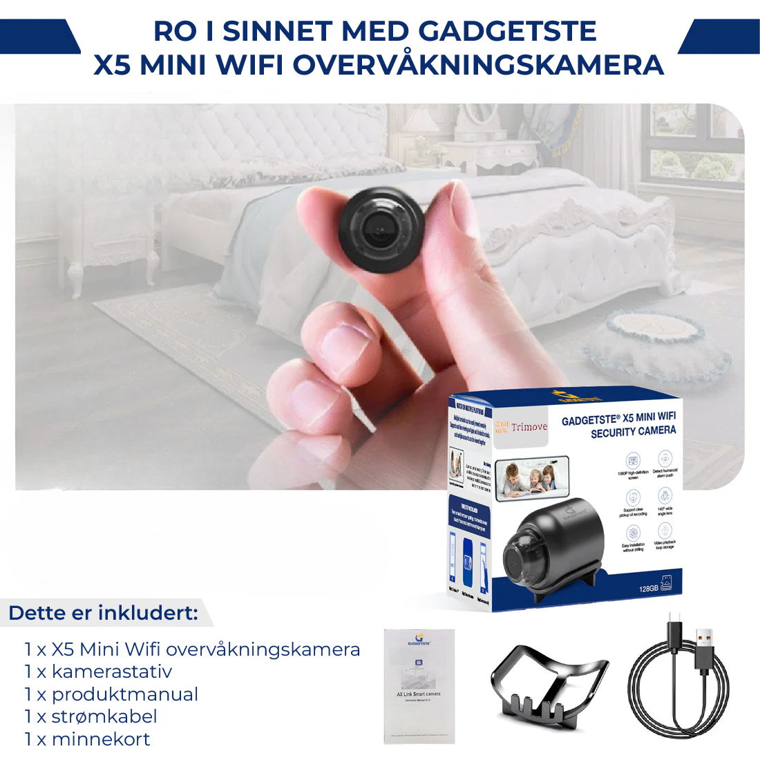 X5 Mini WiFi sikkerhetskamera - 1080P, nattsyn, bevegelsesdeteksjon