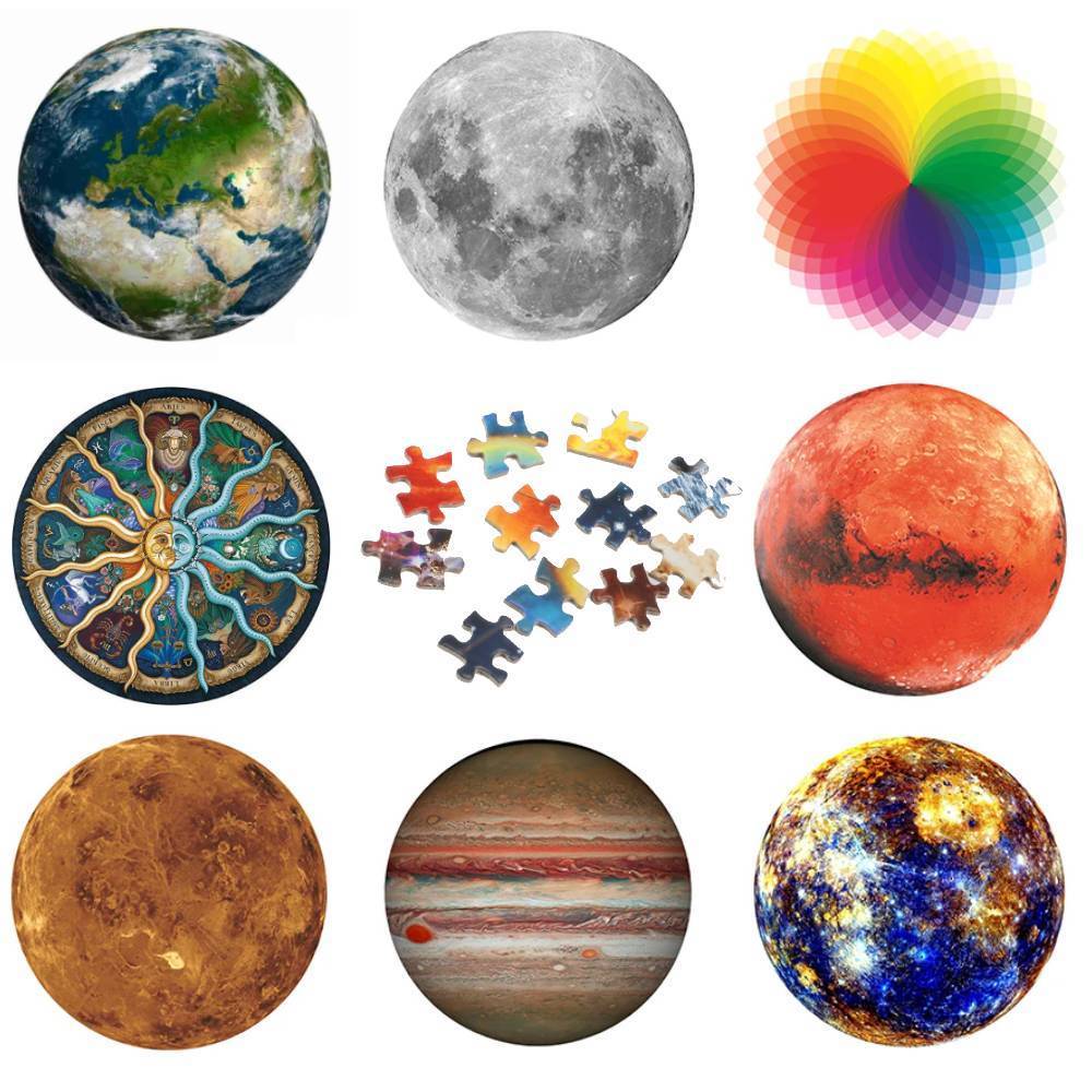 LuxHome Rundt Puslespill – 1000 Biter | Månen, Mars, Venus & Jorden | 68 cm i Diameter
