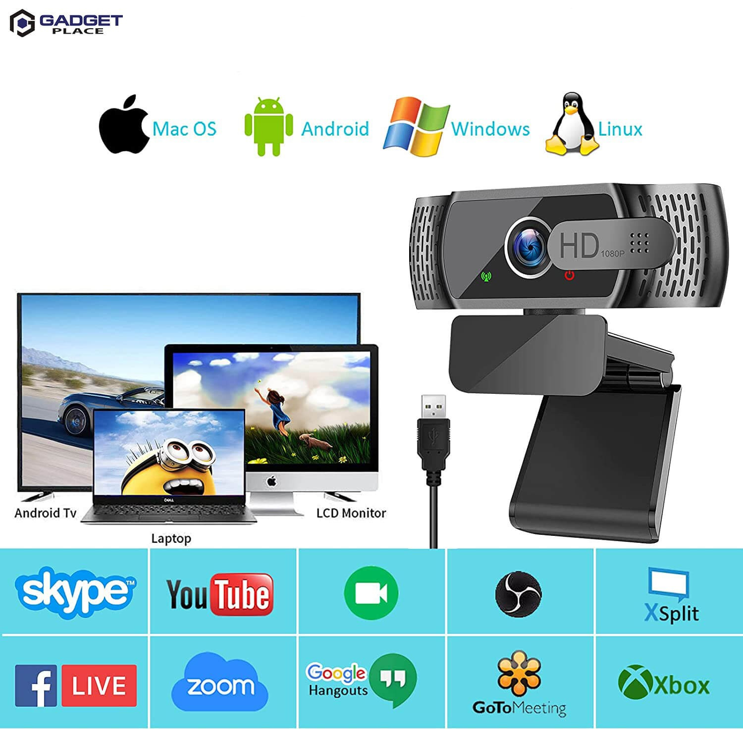 Gadgetplace Full HD 1080P Webkamera – Plug & Play, Innebygd Støyreduserende Mikrofon, 90° Vidvinkel