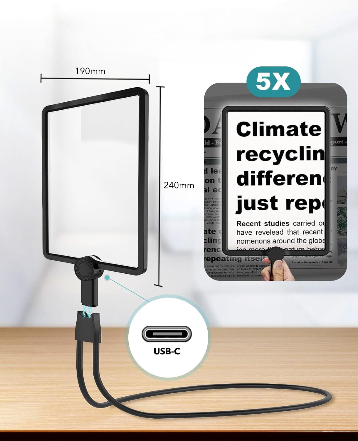 Håndfri Forstørrelsesglass med LED-lys – 5X Forstørrelse, Fleksibel Holder & USB-oppladbar
