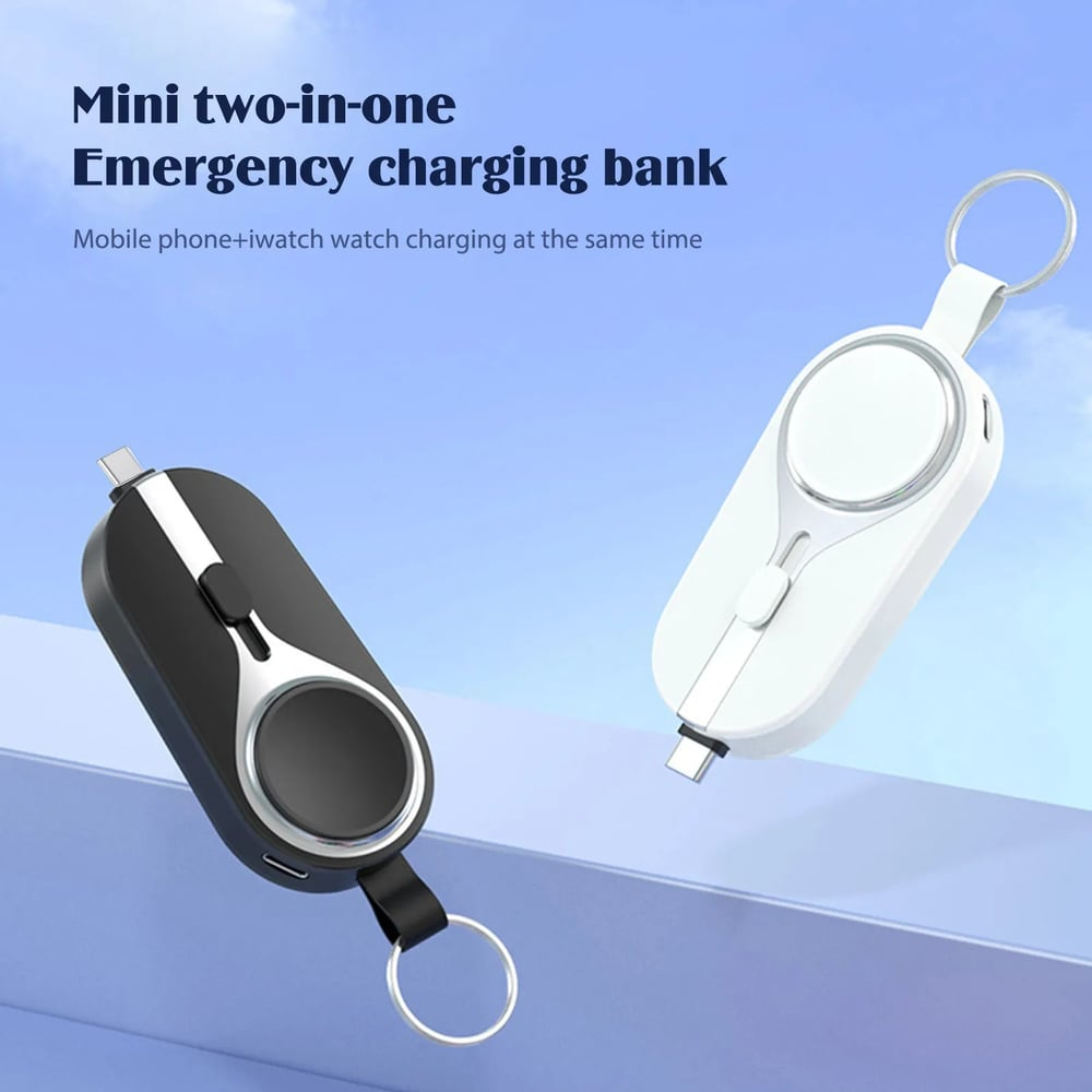 KeyPact Duo 2-i-1 Mini Powerbank med Klokkelader – 2000mAh, Type-C & Lightning, Robust med Karabinkrok