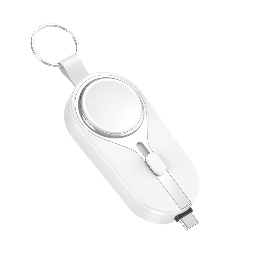 KeyPact Duo 2-i-1 Mini Powerbank med Klokkelader – 2000mAh, Type-C & Lightning, Robust med Karabinkrok