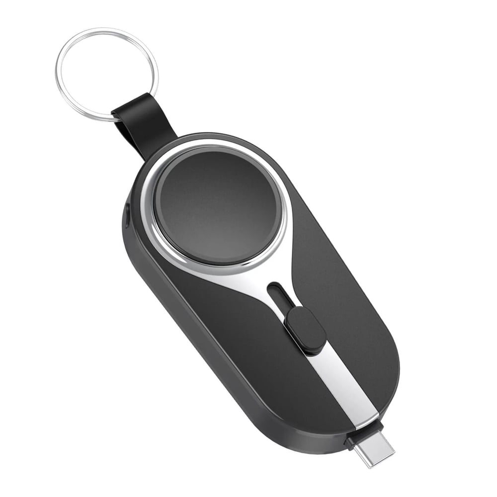 KeyPact Duo 2-i-1 Mini Powerbank med Klokkelader – 2000mAh, Type-C & Lightning, Robust med Karabinkrok